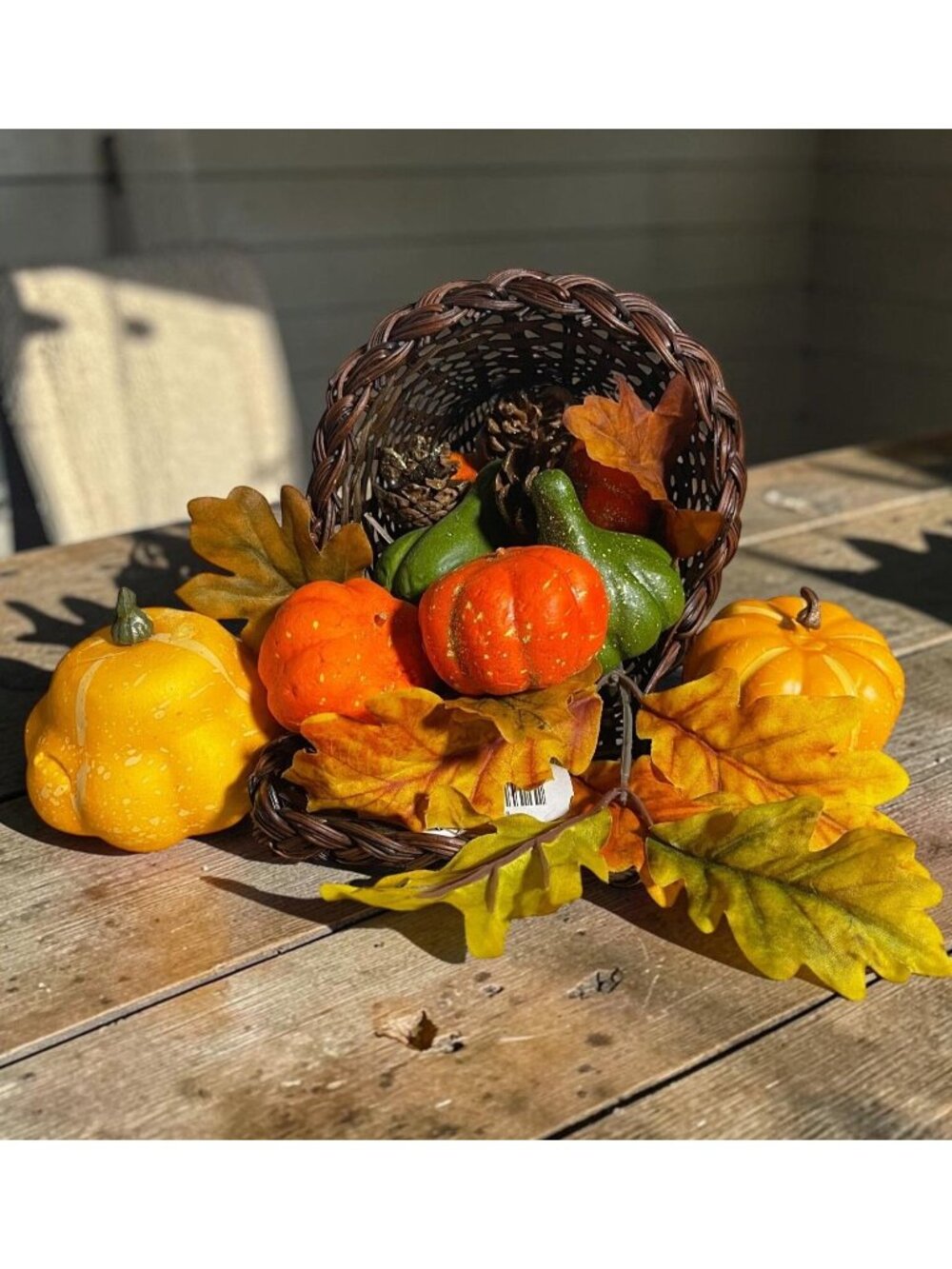 Cornucopia Wicker Basket With Faux Fall Decorations Pinecones Gourds Oak Leaf